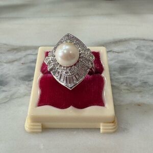 NADRI Elegant Silver Faux Pearl/ CZ Ring